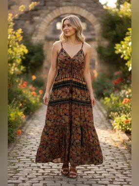 Bohemian Paisley Tie-Front Maxi Dress in Black and Rust